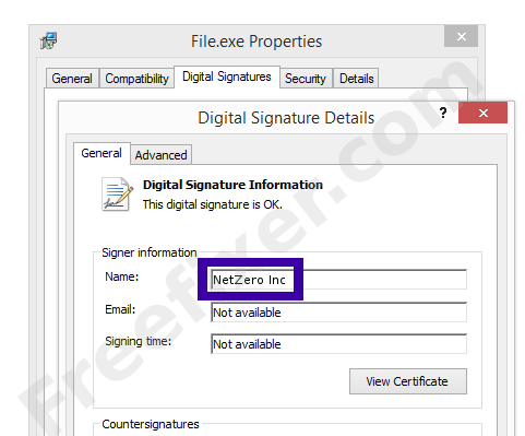 Screenshot of the NetZero Inc certificate